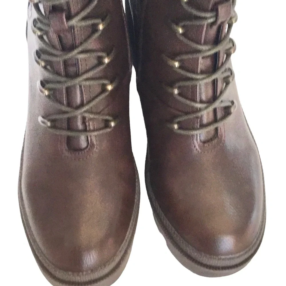 🆕TAHARI MELISSA Chunky Combat Ankle Boot Brown Vegan Leather Lace/Zip up Size-10 - Picture 2 of 16